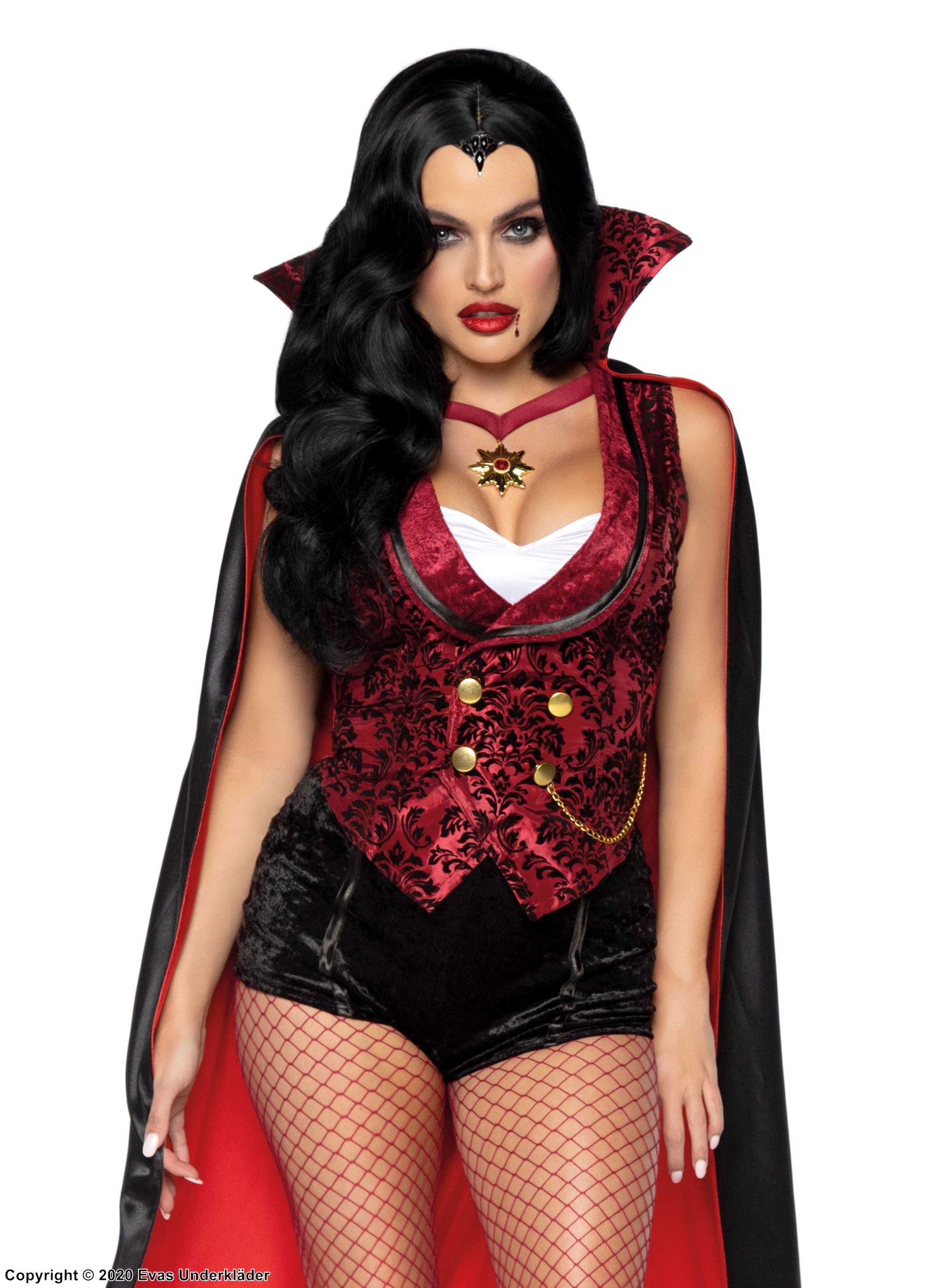 Vampire, top and shorts costume, brocade, velvet, cape, stay up collar